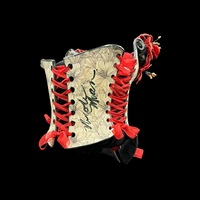 Red Poppy wearable ceramic corset by: Nicole Moan on display at 50 Penn Place Art Gallery with matching stand - Thumbnail 5