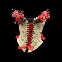 Red Poppy wearable ceramic corset by: Nicole Moan on display at 50 Penn Place Art Gallery with matching stand - Thumbnail 8
