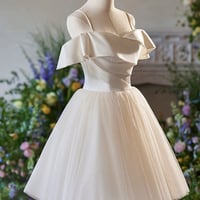 Champagne Spaghetti Strap Tulle Knee Length Prom Dress - Thumbnail 2