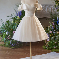 Champagne Spaghetti Strap Tulle Knee Length Prom Dress - Thumbnail 3