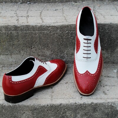 Crafted leather classic red white leather wingtip oxford lace up dress shoes - Thumbnail 4