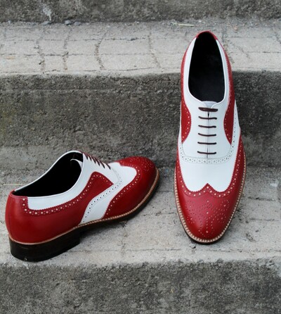 Crafted Leather Classic Red White Leather Wingtip Oxford Lace up Dress Shoes