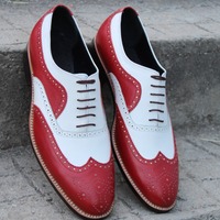 Crafted Leather Classic Red White Leather Wingtip Oxford Lace up Dress Shoes - Thumbnail 2