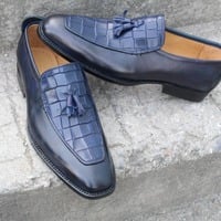 Crafted Leather Handmade Mens Blue Crocodile/Alligator Tassel Loafers Shoes i - Thumbnail 1