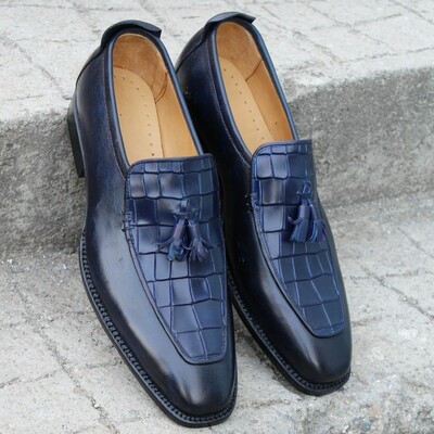 Crafted leather handmade mens blue crocodile/alligator tassel loafers shoes i - Thumbnail 2