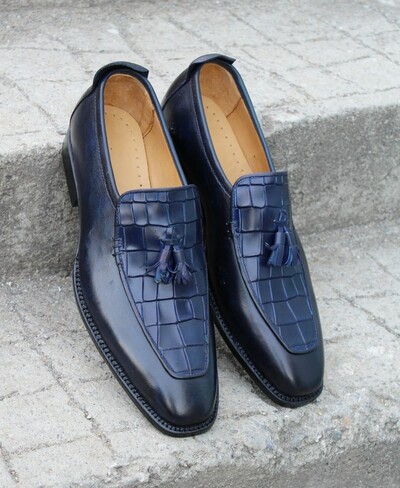 Crafted Leather Handmade Mens Blue Crocodile/Alligator Tassel Loafers Shoes i