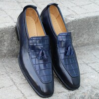 Blue Leather Tassel Loafer Slip Ons Handmade Men Shoes Made by Crafted Leather - Thumbnail 1
