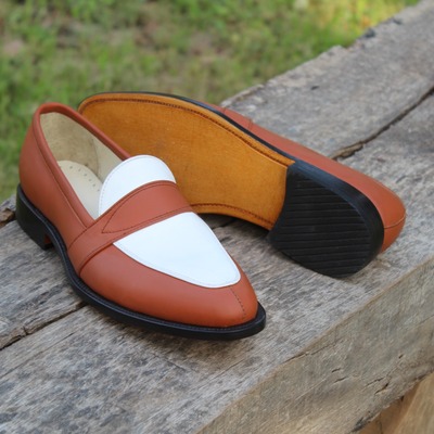Handmade brown white loafers moccasin men formal leather shoes made by crafted leather