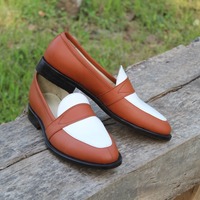Handmade Brown White Loafers Moccasin Men Formal Leather Shoes Made by Crafted Leather - Thumbnail 1