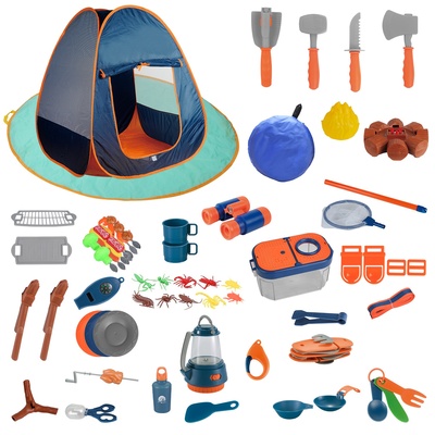 56pcs kids camping toy set with playtent pretend oil lamp telescope bonfire compass role play camping set for over 3 years old boy girl toddlers campi