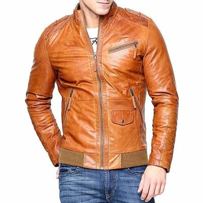 Handmade men's real lambskin tan leather motorcycle slim fit biker bomber jacket