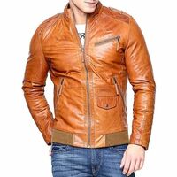 Handmade Men's Real Lambskin Tan Leather Motorcycle Slim fit Biker Bomber Jacket - Thumbnail 1