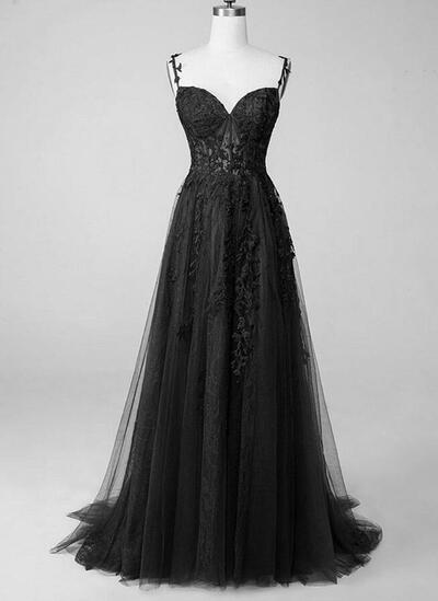 A-line Straps Black Tulle Lace Prom Dresses