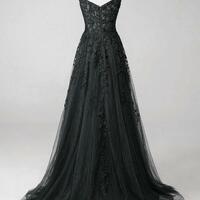 A-line Straps Black Tulle Lace Prom Dresses - Thumbnail 2