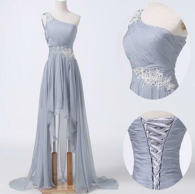 One Shoulder Light Grey Lace-up Back Prom Dresses