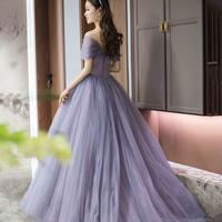 Off Shoulder Purple Tulle Beaded Long Prom Dress, Evening Dress - Thumbnail 1