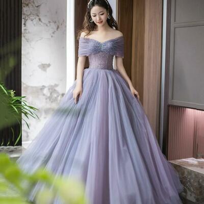 Off shoulder purple tulle beaded long prom dress, evening dress - Thumbnail 4