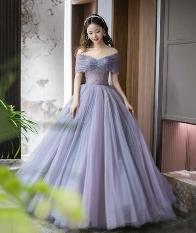 Off Shoulder Purple Tulle Beaded Long Prom Dress, Evening Dress