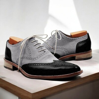 Luxury men's handmade grey black contrast shoes, leather suede lace up shoes