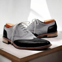 Luxury Men's Handmade Grey Black Contrast Shoes, Leather Suede Lace Up Shoes - Thumbnail 1