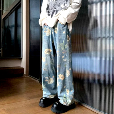 Stunning punk floral print oversize wide-leg washed jeans for men, women y2k streetwear amazing