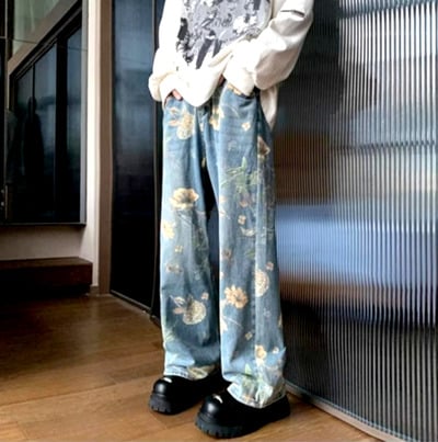 Stunning Punk Floral Print Oversize Wide-leg Washed Jeans For Men, Women Y2K Streetwear Amazing