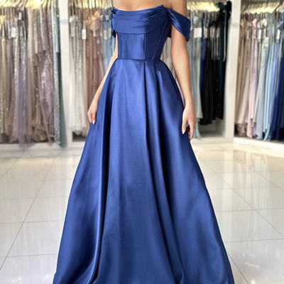 Blue satin floor length prom dress, a-line off the shoulder evening party dress
