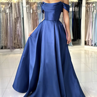 Blue Satin Floor Length Prom Dress, A-Line Off the Shoulder Evening Party Dress - Thumbnail 1