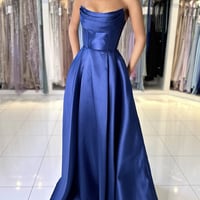 Blue Satin Floor Length Prom Dress, A-Line Off the Shoulder Evening Party Dress - Thumbnail 3
