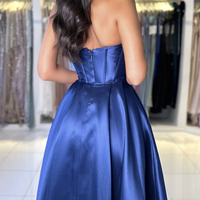 Blue Satin Floor Length Prom Dress, A-Line Off the Shoulder Evening Party Dress - Thumbnail 4