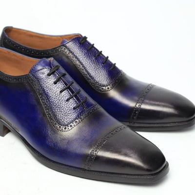 Crafted leather classic men fashion blue patina oxford dress shoes - Thumbnail 5