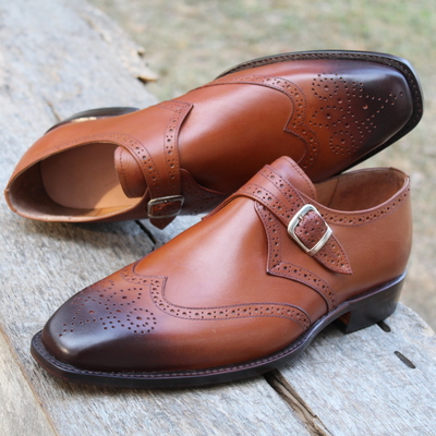 Crafted leather classic brown black shaded monk strap wingtip shoes - Thumbnail 5