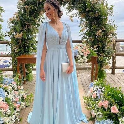 Beautiful a line v neck light blue long prom dresses