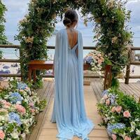 Beautiful A Line V Neck Light Blue Long Prom Dresses - Thumbnail 1