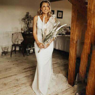 Simple sheath satin ivory v neck wedding dresses