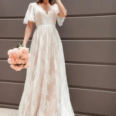 A-line princess lace v-neck wedding dresses with short sleeves 
