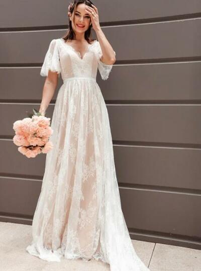 A-Line Princess Lace V-neck Wedding Dresses With Short Sleeves 