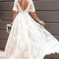 A-Line Princess Lace V-neck Wedding Dresses With Short Sleeves  - Thumbnail 1
