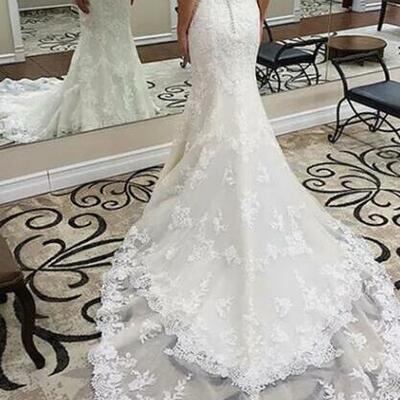 Sheath mermaid v-neck lace deep v back wedding dresses