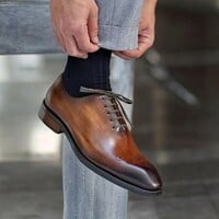 Gentlemens Choice Handmade Brown Leather Polishing Lace Up Bespoke Shoes - Thumbnail 1
