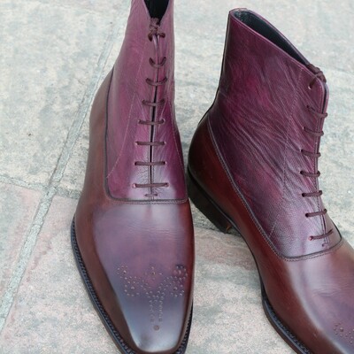 Crafted leather men designer burgundy patina leather ankle high boot - Thumbnail 5