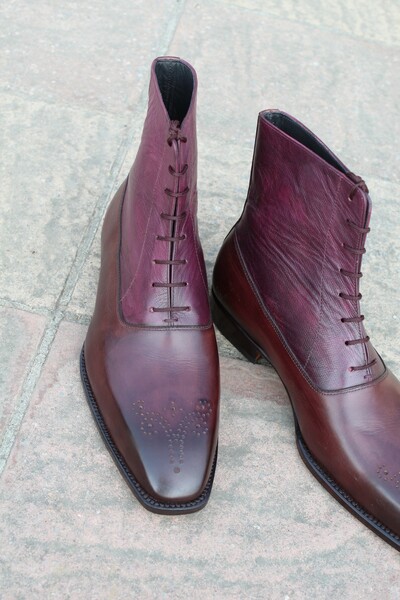 Crafted Leather Men Designer Burgundy Patina Leather Ankle High Boot