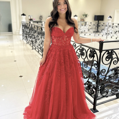 Red tulle lace floor length prom dress - Thumbnail 1