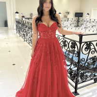 Red Tulle Lace Floor Length Prom Dress - Thumbnail 1