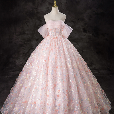 Pink tulle sequins floor length prom dress - Thumbnail 1