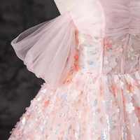 Pink Tulle Sequins Floor Length Prom Dress - Thumbnail 5