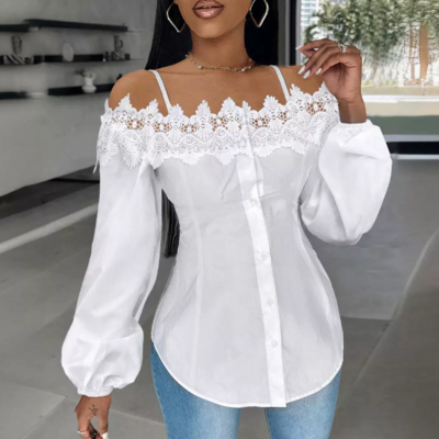Elegant lace splicing long sleeved shirt