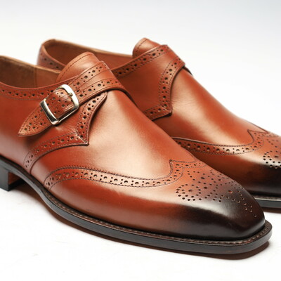 Crafted leather classic brown leather wingtip monk strap dress shoes - Thumbnail 3
