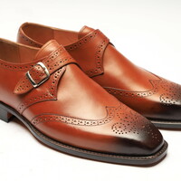Crafted Leather Classic Brown Leather Wingtip Monk Strap Dress Shoes - Thumbnail 1