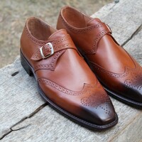 Crafted Leather Classic Brown Leather Wingtip Monk Strap Dress Shoes - Thumbnail 3